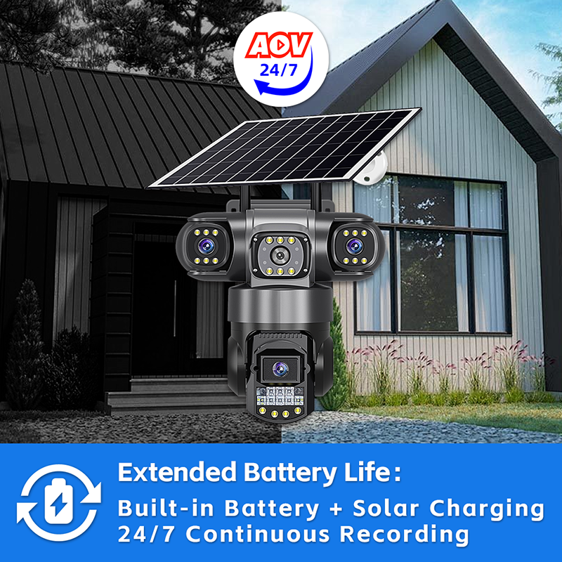 AOV 24h 3Lens 8mp Wireless Security Camera Auto Tracking Full Color Night Vision CCTV Solar Camera 4G Sim Outdoor IP66 8K